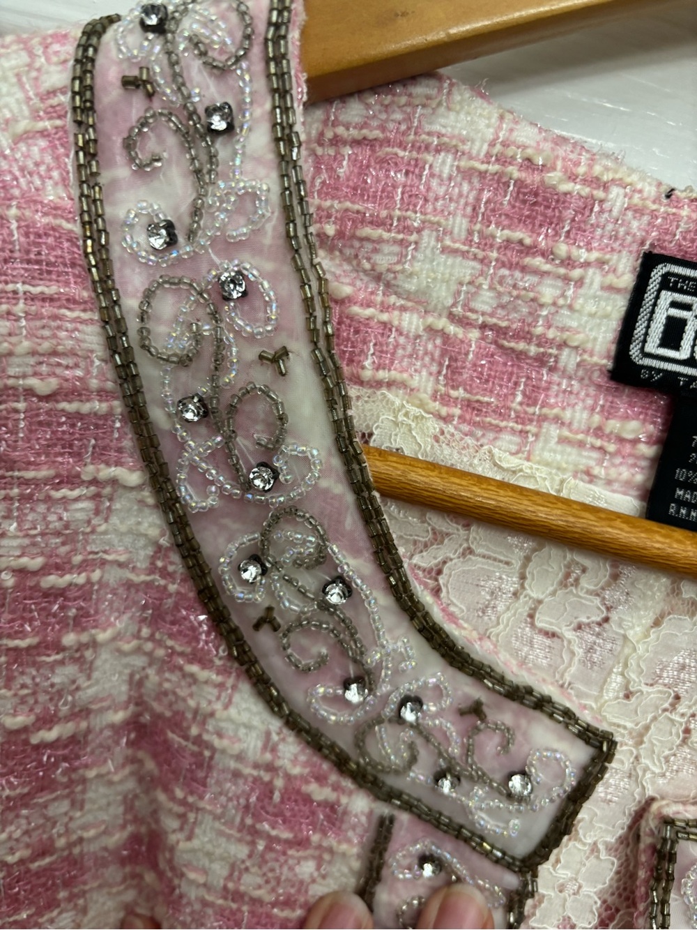 Berek by Takako Sakon Pink/Cream Tweed Plaid Embellished Vintage Lace Jacket - Picture 8 of 10